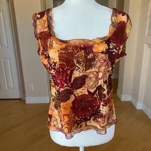 Alberto Makali Sequined Design Orange and Red Floral Blouse